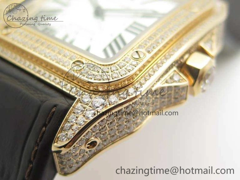 Santos Ladies 38.5mm RG Full Paved Diamonds Case V6F 1:1 Best Edition White Dial On Leather Strap A2824