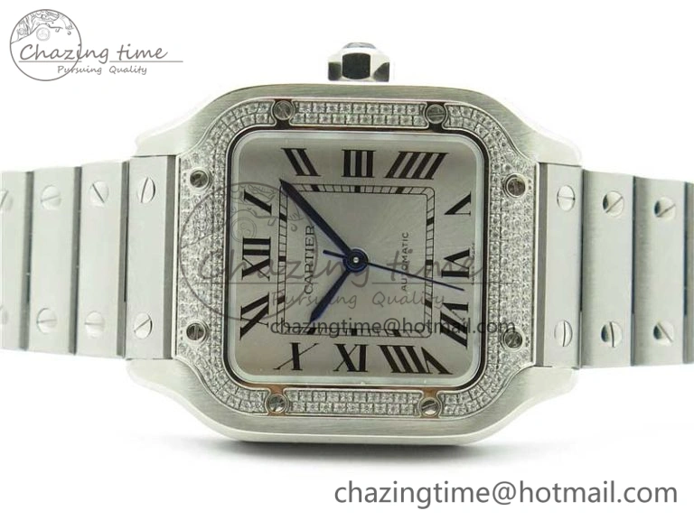 Santos de Cartier 35mm 2018 Diamonds Bezel RXW 1:1 Best Edition White Dial on SS SmartLinks Bracelet MIYOTA 9015