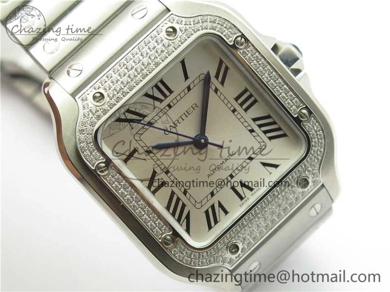Santos de Cartier 35mm 2018 Diamonds Bezel RXW 1:1 Best Edition White Dial on SS SmartLinks Bracelet MIYOTA 9015