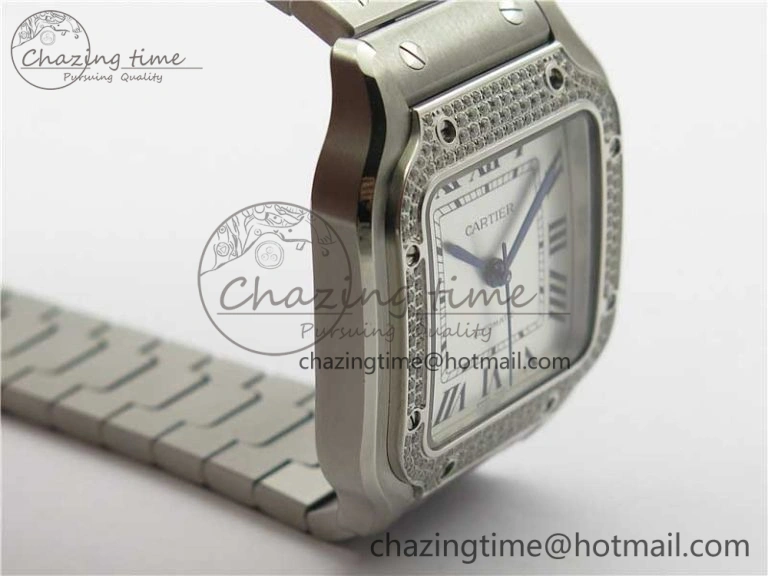 Santos de Cartier 35mm 2018 Diamonds Bezel RXW 1:1 Best Edition White Dial on SS SmartLinks Bracelet MIYOTA 9015