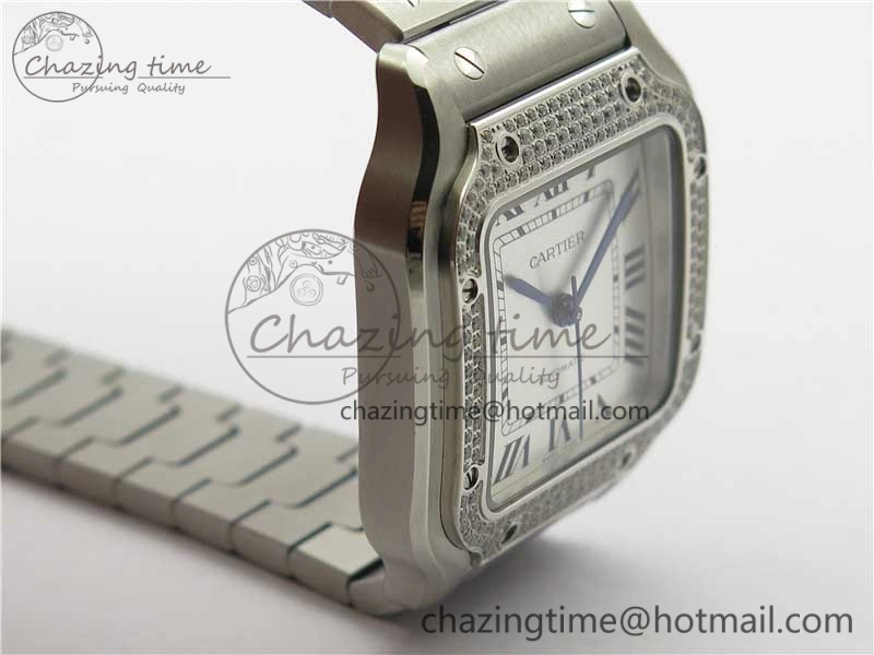Santos de Cartier 35mm 2018 Diamonds Bezel RXW 1:1 Best Edition White Dial on SS SmartLinks Bracelet MIYOTA 9015