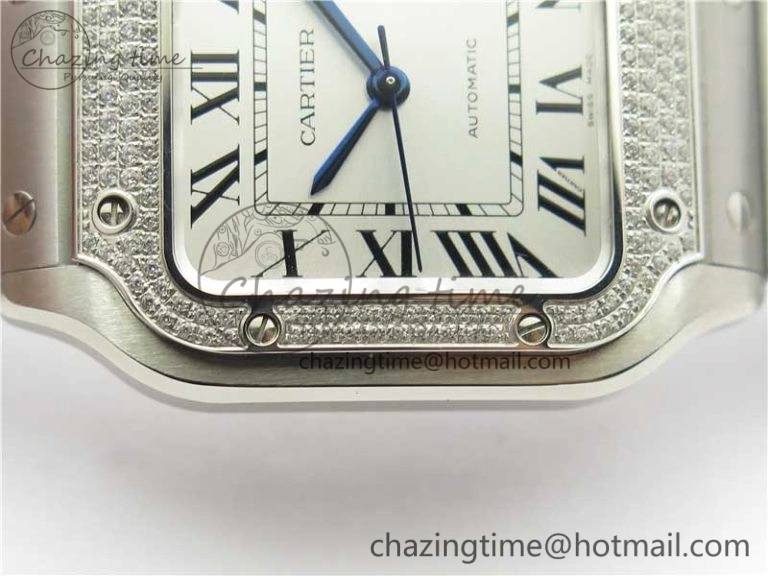 Santos de Cartier 35mm 2018 Diamonds Bezel RXW 1:1 Best Edition White Dial on SS SmartLinks Bracelet MIYOTA 9015