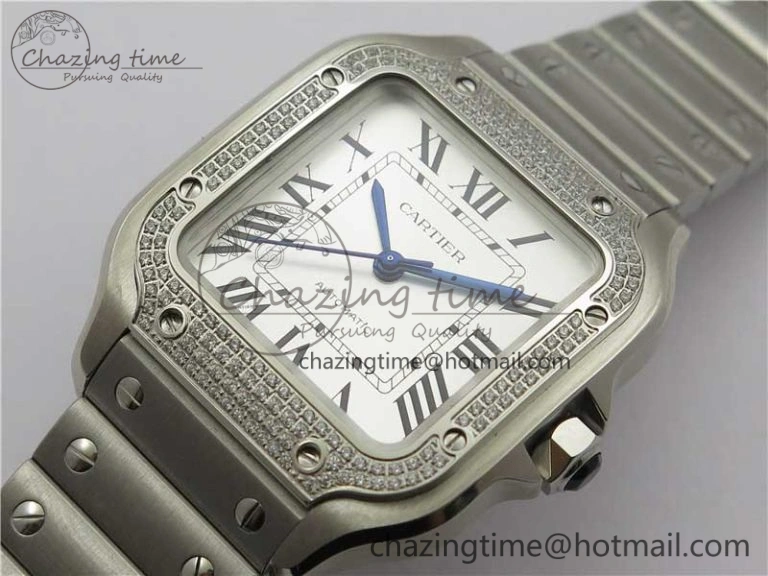 Santos de Cartier 35mm 2018 Diamonds Bezel RXW 1:1 Best Edition White Dial on SS SmartLinks Bracelet MIYOTA 9015