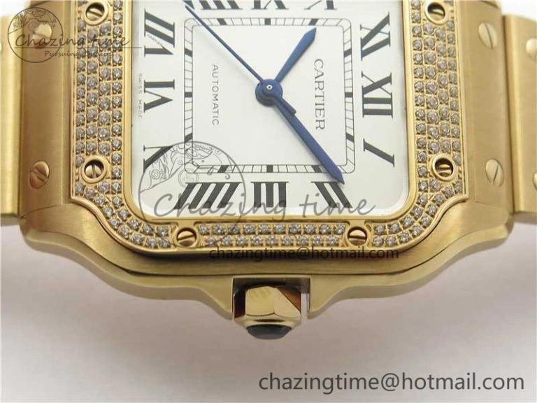 Santos de Cartier 35mm 2018 RG Diamonds Bezel RXW 1:1 Best Edition White Dial on SmartLinks RG Bracelet MIYOTA 9015