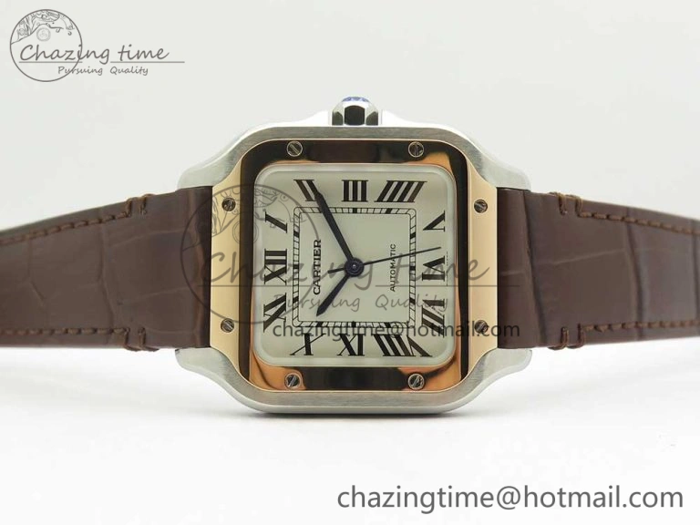 Santos de Cartier 35mm 2018 V6F 1:1 Best Edition White Dial RG Bezel on DeepBrown Leather Strap MIYOTA 9015