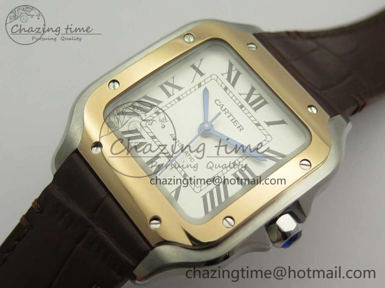 Santos de Cartier 35mm 2018 V6F 1:1 Best Edition White Dial RG Bezel on DeepBrown Leather Strap MIYOTA 9015