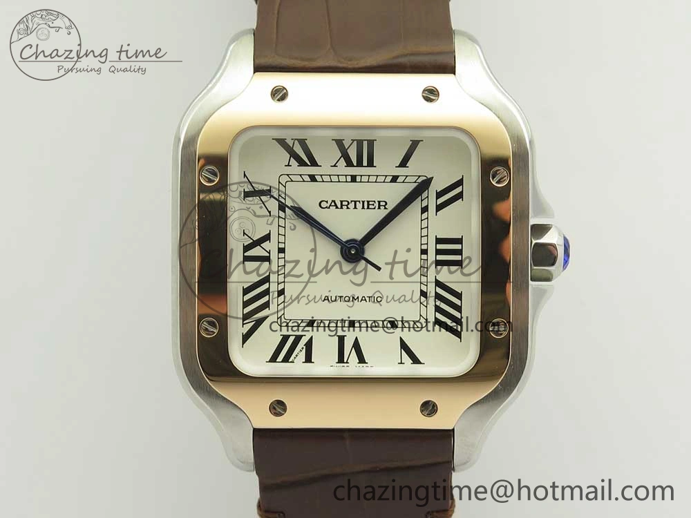 Santos de Cartier 35mm 2018 V6F 1:1 Best Edition White Dial RG Bezel on DeepBrown Leather Strap MIYOTA 9015
