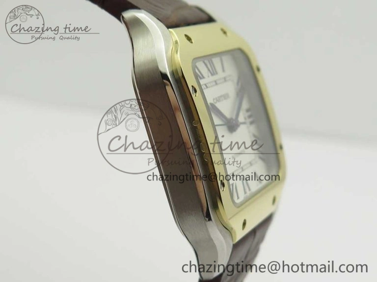 Santos de Cartier 35mm 2018 V6F 1:1 Best Edition White Dial YG Bezel on DeepBrown Leather Strap MIYOTA 9015