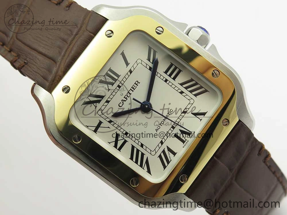 Santos de Cartier 35mm 2018 V6F 1:1 Best Edition White Dial YG Bezel on DeepBrown Leather Strap MIYOTA 9015