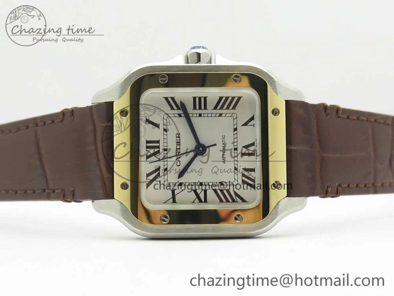 Santos de Cartier 35mm 2018 V6F 1:1 Best Edition White Dial YG Bezel on DeepBrown Leather Strap MIYOTA 9015
