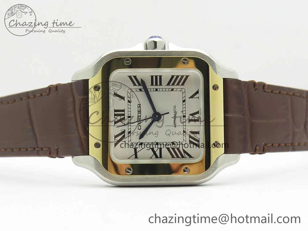 Santos de Cartier 35mm 2018 V6F 1:1 Best Edition White Dial YG Bezel on DeepBrown Leather Strap MIYOTA 9015