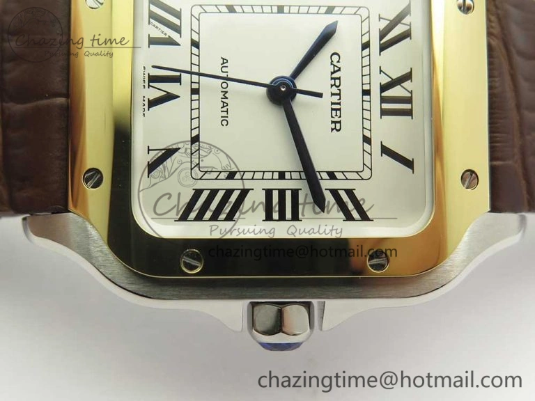 Santos de Cartier 35mm 2018 V6F 1:1 Best Edition White Dial YG Bezel on DeepBrown Leather Strap MIYOTA 9015