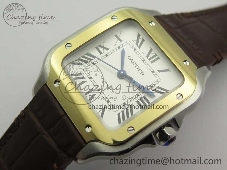 Santos de Cartier 35mm 2018 V6F 1:1 Best Edition White Dial YG Bezel on DeepBrown Leather Strap MIYOTA 9015