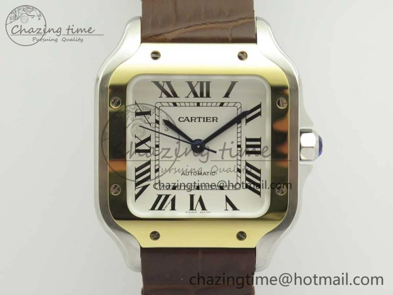 Santos de Cartier 35mm 2018 V6F 1:1 Best Edition White Dial YG Bezel on DeepBrown Leather Strap MIYOTA 9015