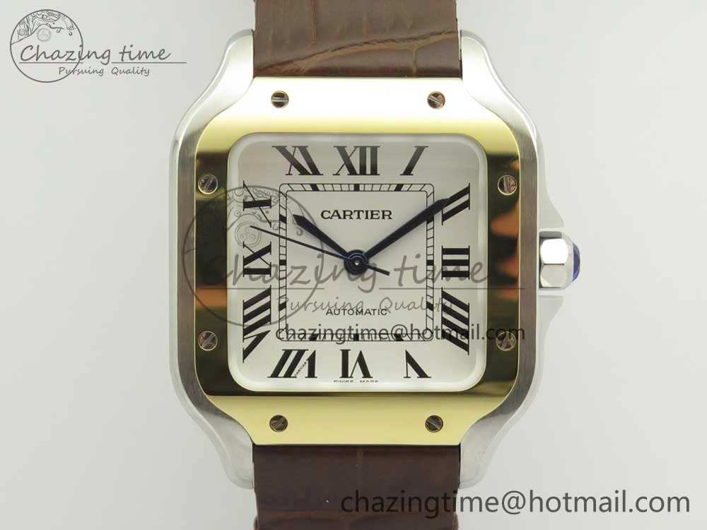 Santos de Cartier 35mm 2018 V6F 1:1 Best Edition White Dial YG Bezel on DeepBrown Leather Strap MIYOTA 9015