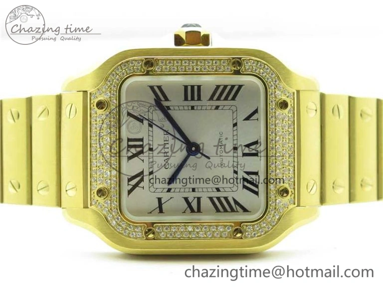 Santos de Cartier 35mm 2018 YG Diamonds Bezel RXW 1:1 Best Edition White Dial on SmartLinks YG Bracelet MIYOTA 9015