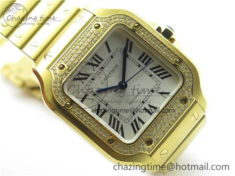 Santos de Cartier 35mm 2018 YG Diamonds Bezel RXW 1:1 Best Edition White Dial on SmartLinks YG Bracelet MIYOTA 9015
