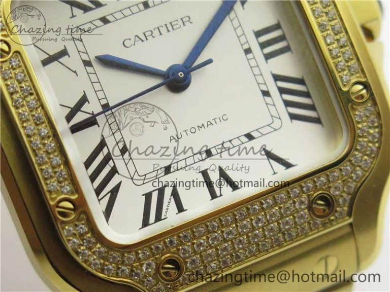 Santos de Cartier 35mm 2018 YG Diamonds Bezel RXW 1:1 Best Edition White Dial on SmartLinks YG Bracelet MIYOTA 9015