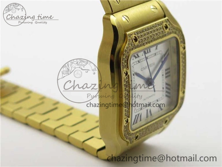 Santos de Cartier 35mm 2018 YG Diamonds Bezel RXW 1:1 Best Edition White Dial on SmartLinks YG Bracelet MIYOTA 9015