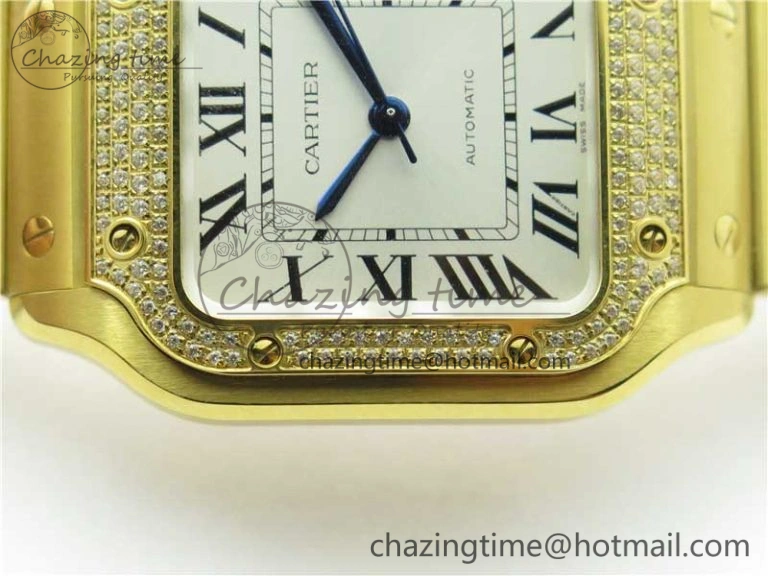 Santos de Cartier 35mm 2018 YG Diamonds Bezel RXW 1:1 Best Edition White Dial on SmartLinks YG Bracelet MIYOTA 9015