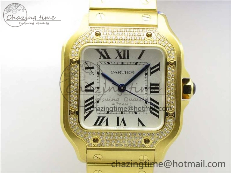 Santos de Cartier 35mm 2018 YG Diamonds Bezel RXW 1:1 Best Edition White Dial on SmartLinks YG Bracelet MIYOTA 9015