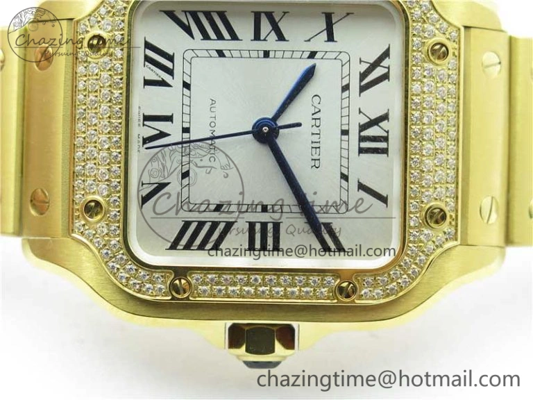 Santos de Cartier 35mm 2018 YG Diamonds Bezel RXW 1:1 Best Edition White Dial on SmartLinks YG Bracelet MIYOTA 9015