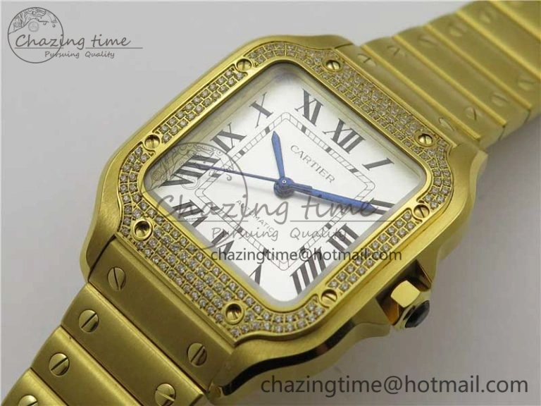 Santos de Cartier 35mm 2018 YG Diamonds Bezel RXW 1:1 Best Edition White Dial on SmartLinks YG Bracelet MIYOTA 9015