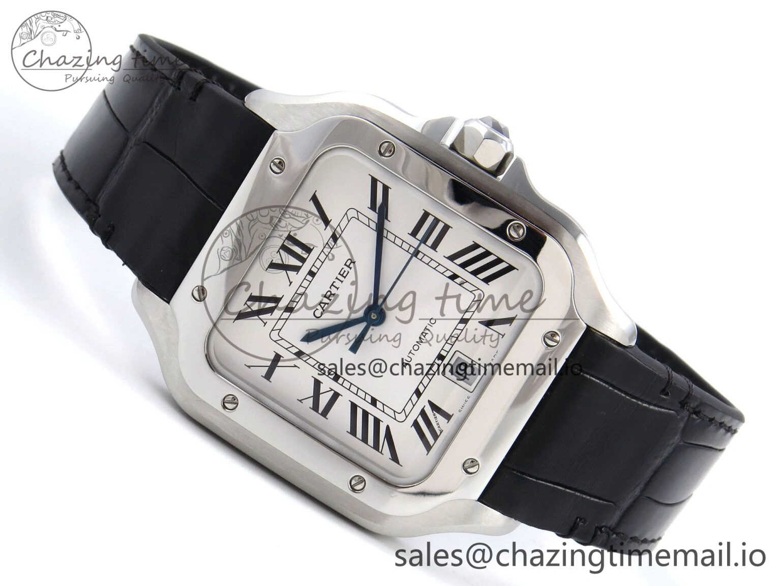Santos de Cartier 35mm SS AF 1:1 Best Edition White Dial on Black Leather Strap MIYOTA 9015