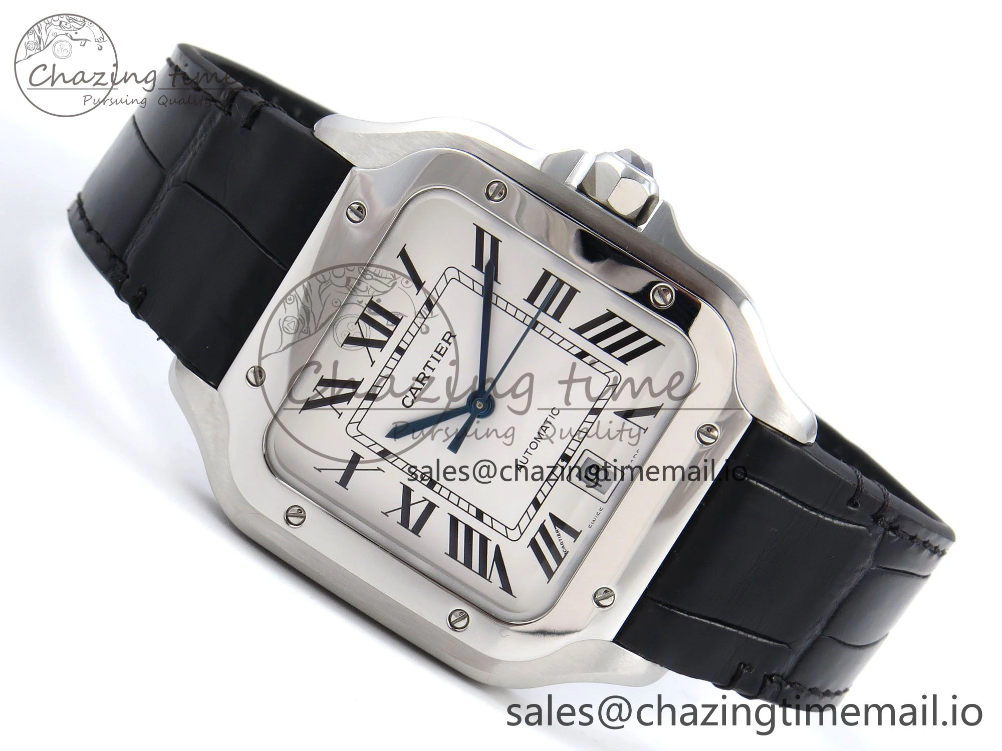 Santos de Cartier 35mm SS AF 1:1 Best Edition White Dial on Black Leather Strap MIYOTA 9015