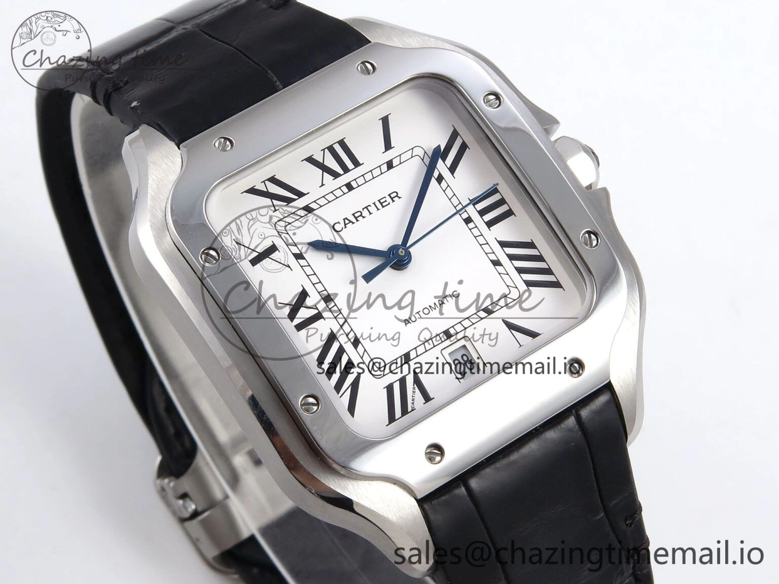 Santos de Cartier 35mm SS AF 1:1 Best Edition White Dial on Black Leather Strap MIYOTA 9015