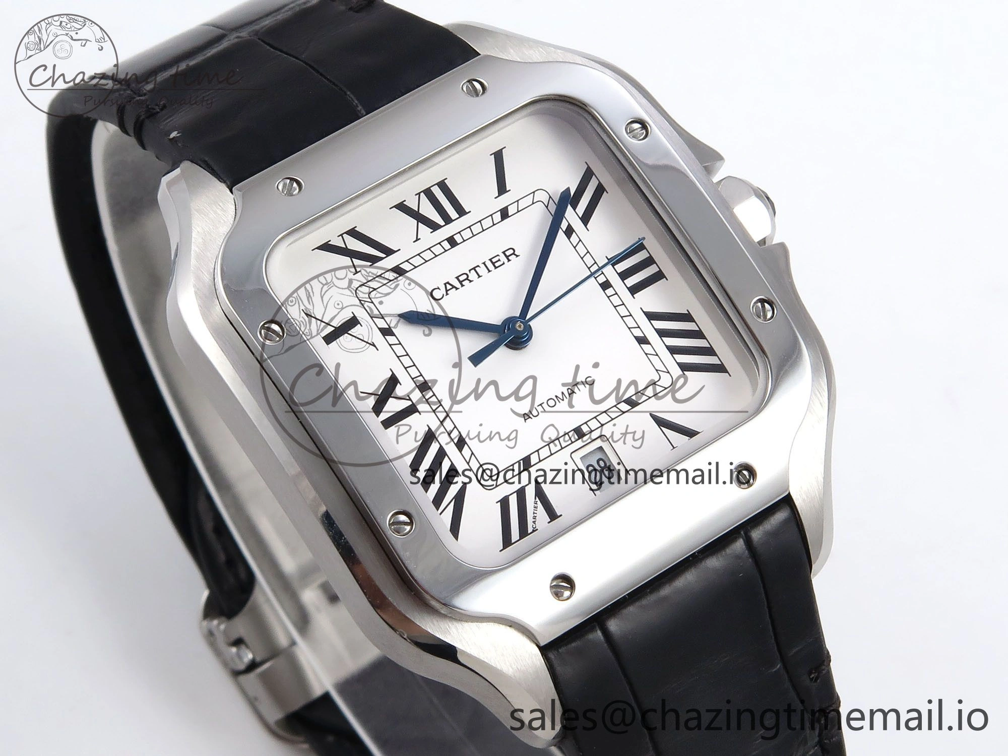 Santos de Cartier 35mm SS AF 1:1 Best Edition White Dial on Black Leather Strap MIYOTA 9015