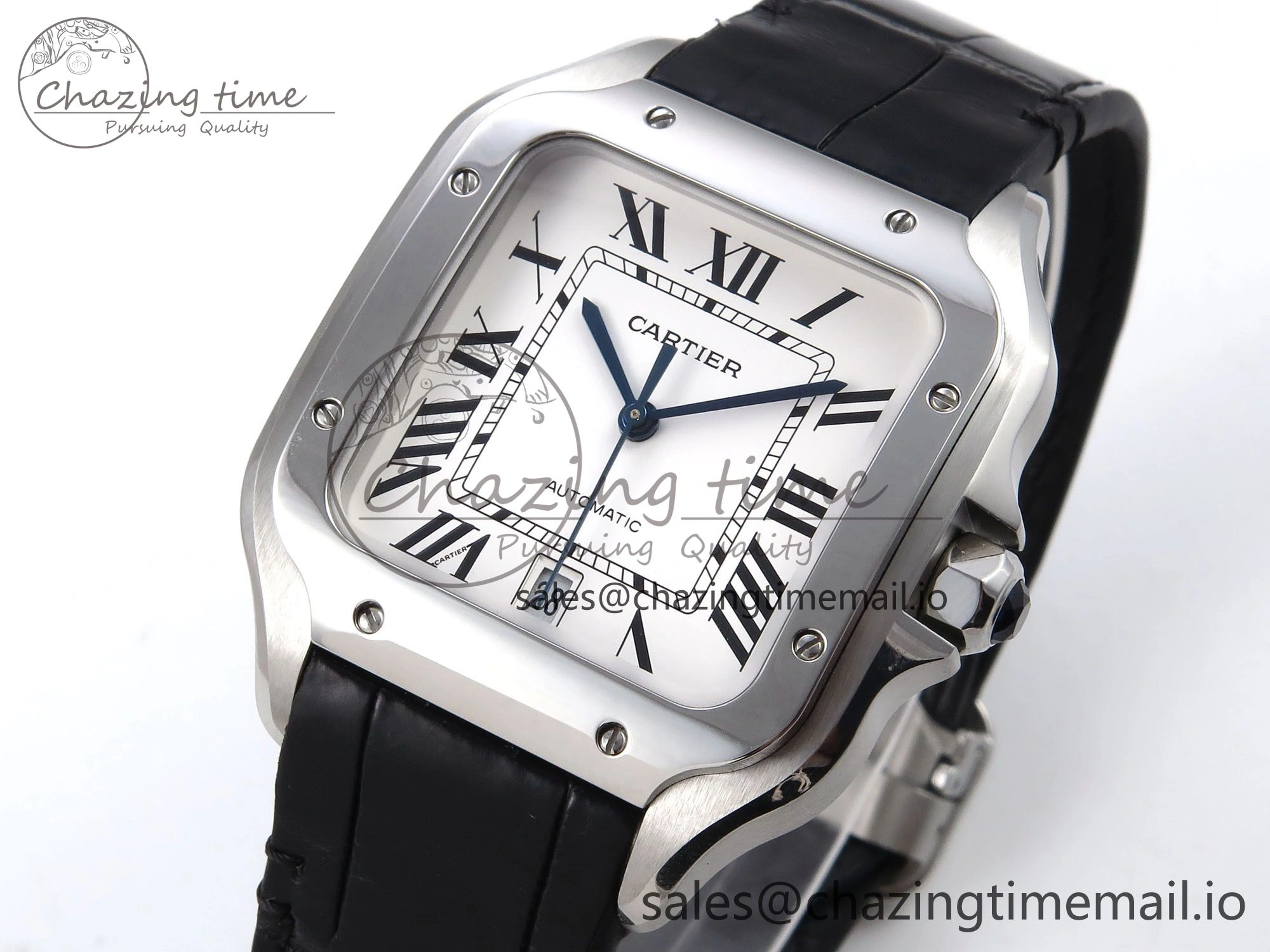 Santos de Cartier 35mm SS AF 1:1 Best Edition White Dial on Black Leather Strap MIYOTA 9015