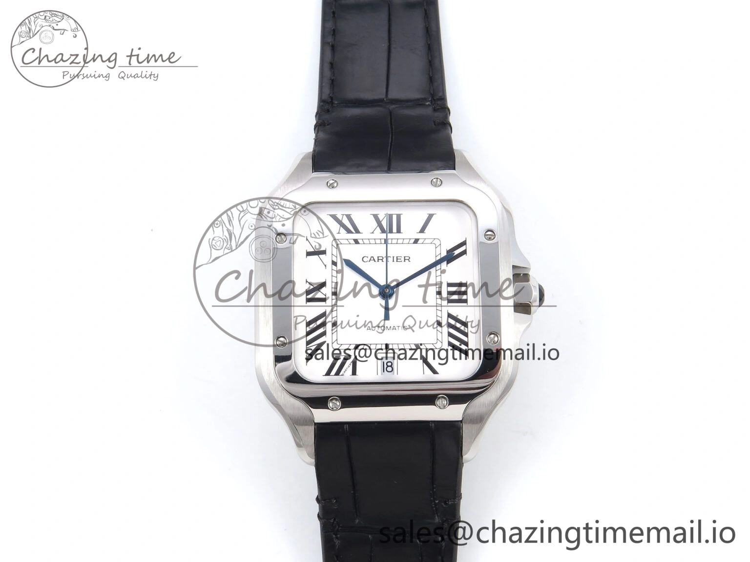 Santos de Cartier 35mm SS AF 1:1 Best Edition White Dial on Black Leather Strap MIYOTA 9015