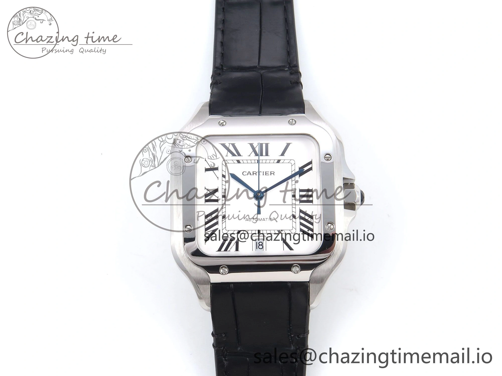 Santos de Cartier 35mm SS AF 1:1 Best Edition White Dial on Black Leather Strap MIYOTA 9015
