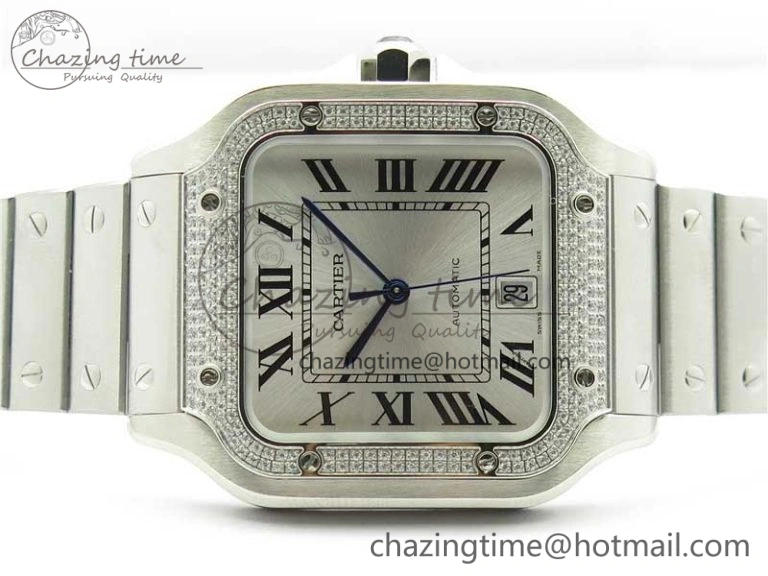 Santos de Cartier 40mm 2018 Diamonds Bezel RXW 1:1 Best Edition White Dial on SS SmartLinks Bracelet MIYOTA 9015