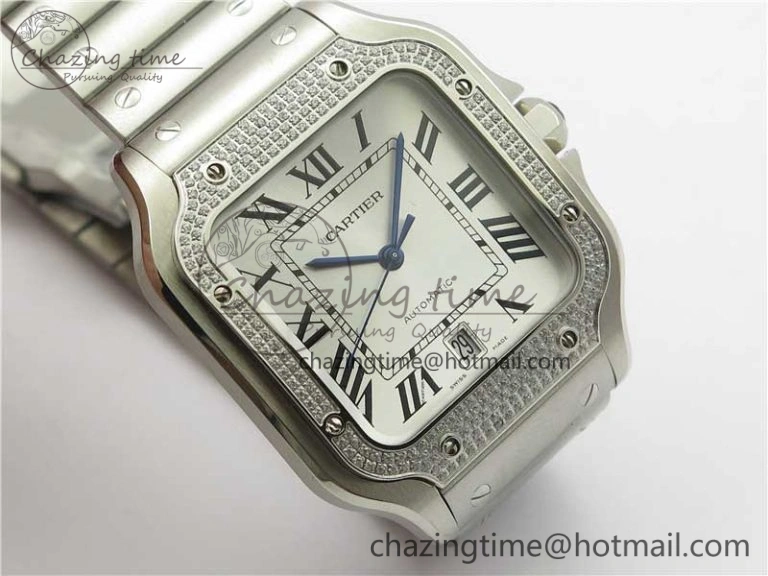 Santos de Cartier 40mm 2018 Diamonds Bezel RXW 1:1 Best Edition White Dial on SS SmartLinks Bracelet MIYOTA 9015