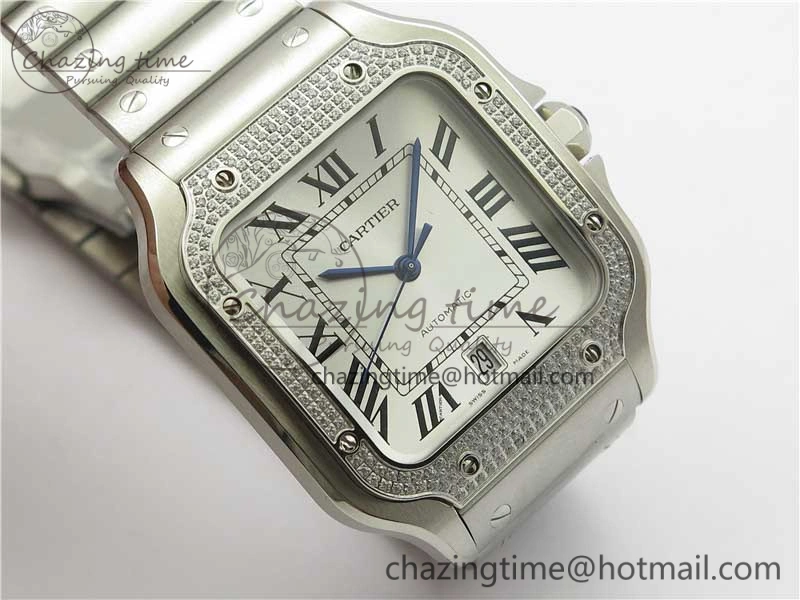 Santos de Cartier 40mm 2018 Diamonds Bezel RXW 1:1 Best Edition White Dial on SS SmartLinks Bracelet MIYOTA 9015