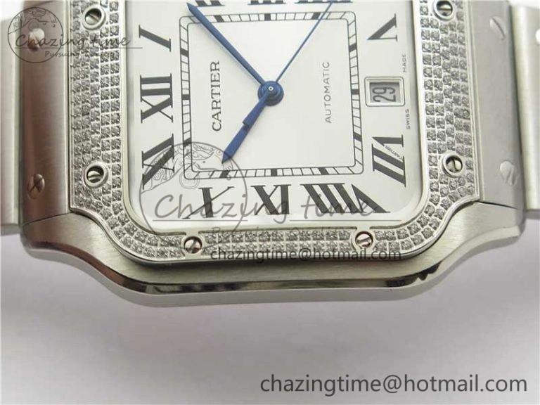 Santos de Cartier 40mm 2018 Diamonds Bezel RXW 1:1 Best Edition White Dial on SS SmartLinks Bracelet MIYOTA 9015