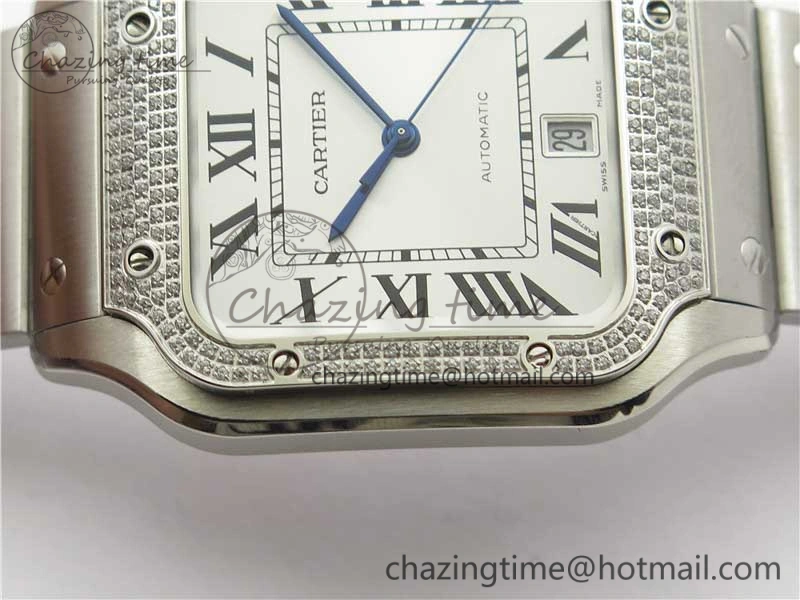 Santos de Cartier 40mm 2018 Diamonds Bezel RXW 1:1 Best Edition White Dial on SS SmartLinks Bracelet MIYOTA 9015