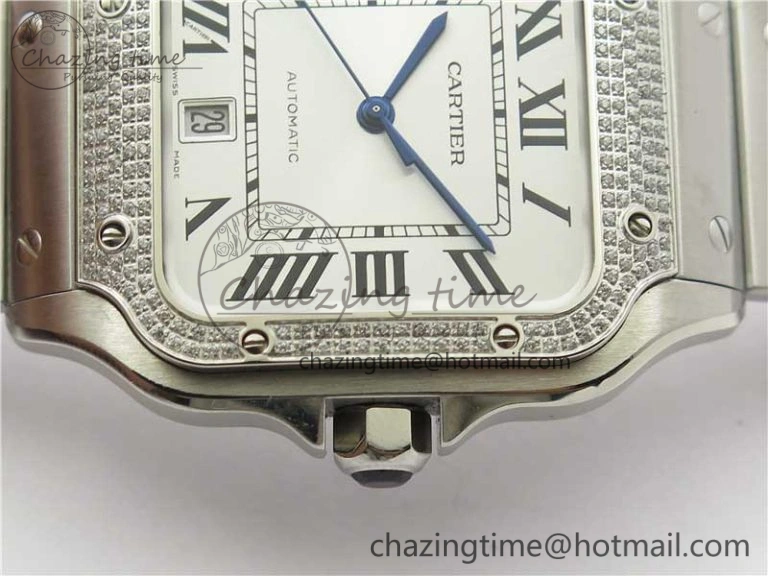 Santos de Cartier 40mm 2018 Diamonds Bezel RXW 1:1 Best Edition White Dial on SS SmartLinks Bracelet MIYOTA 9015