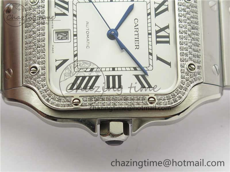 Santos de Cartier 40mm 2018 Diamonds Bezel RXW 1:1 Best Edition White Dial on SS SmartLinks Bracelet MIYOTA 9015