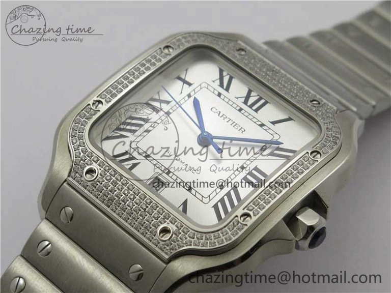 Santos de Cartier 40mm 2018 Diamonds Bezel RXW 1:1 Best Edition White Dial on SS SmartLinks Bracelet MIYOTA 9015