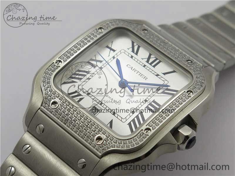 Santos de Cartier 40mm 2018 Diamonds Bezel RXW 1:1 Best Edition White Dial on SS SmartLinks Bracelet MIYOTA 9015