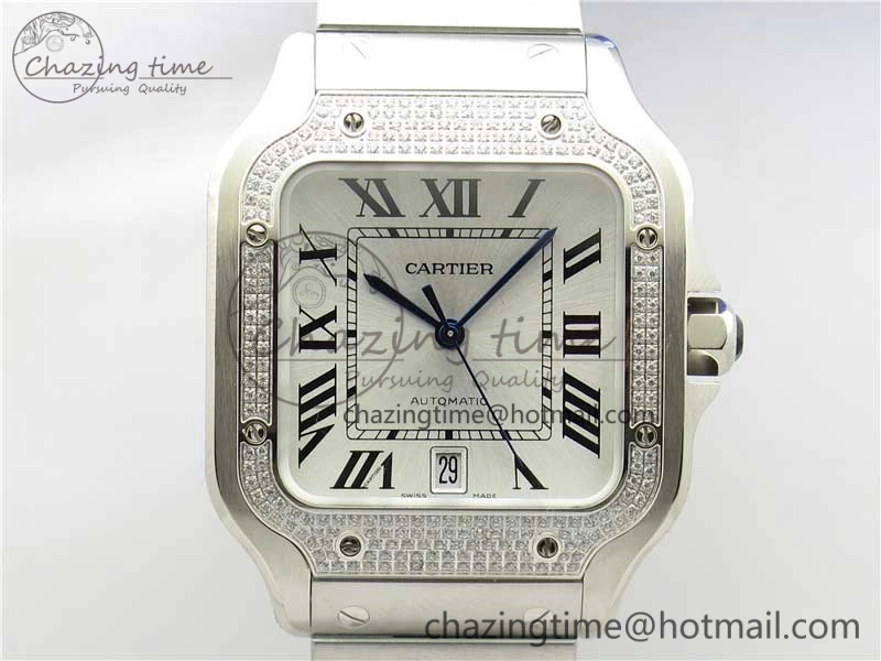 Santos de Cartier 40mm 2018 Diamonds Bezel RXW 1:1 Best Edition White Dial on SS SmartLinks Bracelet MIYOTA 9015