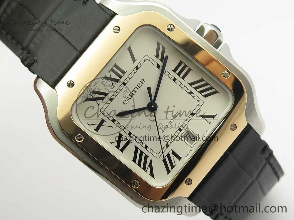 Santos de Cartier 40mm 2018 V6F 1:1 Best Edition White Dial RG Bezel on Black Leather Strap MIYOTA 9015