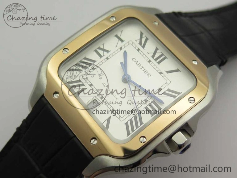 Santos de Cartier 40mm 2018 V6F 1:1 Best Edition White Dial RG Bezel on Black Leather Strap MIYOTA 9015