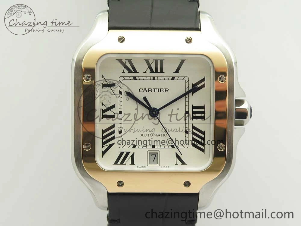 Santos de Cartier 40mm 2018 V6F 1:1 Best Edition White Dial RG Bezel on Black Leather Strap MIYOTA 9015