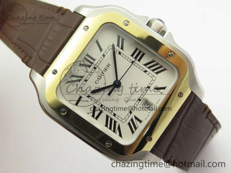 Santos de Cartier 40mm 2018 V6F 1:1 Best Edition White Dial YG Bezel on Deep Brown Leather Strap MIYOTA 9015
