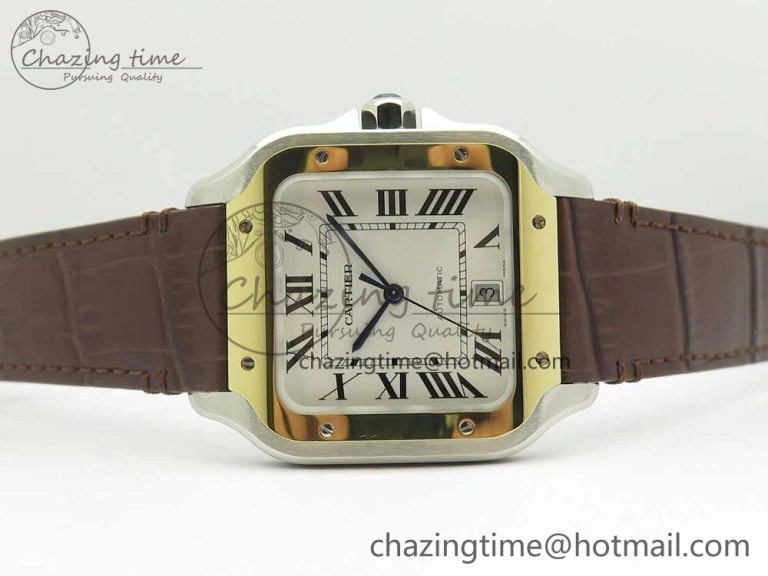 Santos de Cartier 40mm 2018 V6F 1:1 Best Edition White Dial YG Bezel on Deep Brown Leather Strap MIYOTA 9015