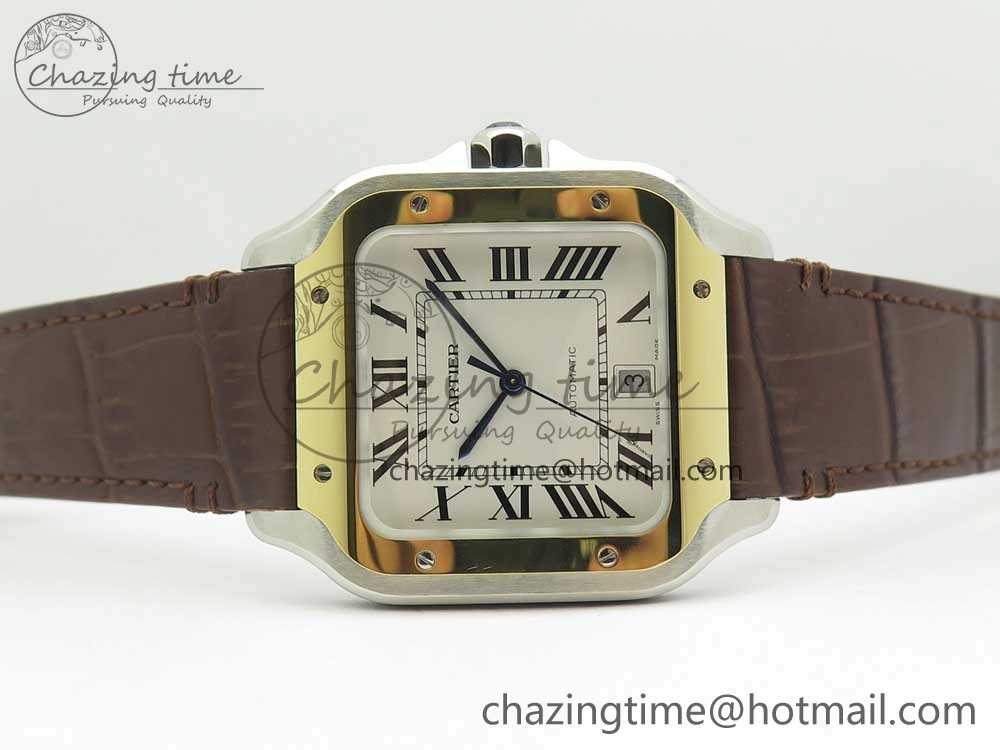 Santos de Cartier 40mm 2018 V6F 1:1 Best Edition White Dial YG Bezel on Deep Brown Leather Strap MIYOTA 9015